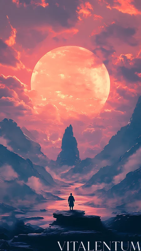 Lone wanderer beneath colossal neon sun in misted valley.