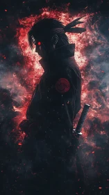 Brooding anime swordsman framed in glowing red embers.