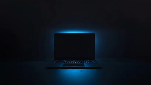 Laptop silhouette glows with cold neon blue backlight.