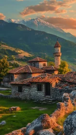 Stone village with tall minaret under distant snowy mountains
