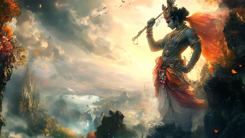 Mythic warrior figure overlooking expansive valley landscape.