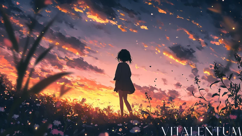 Anime sunset silhouette in luminous wildflower meadow composition.