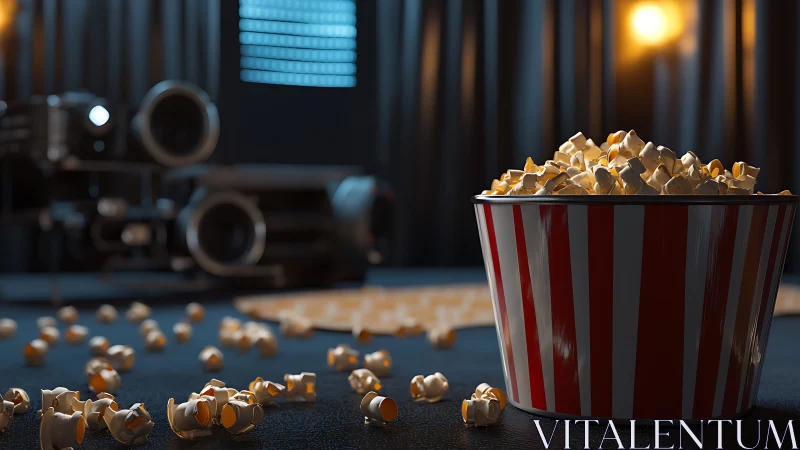 Red striped popcorn bucket in dim home cinema setting.