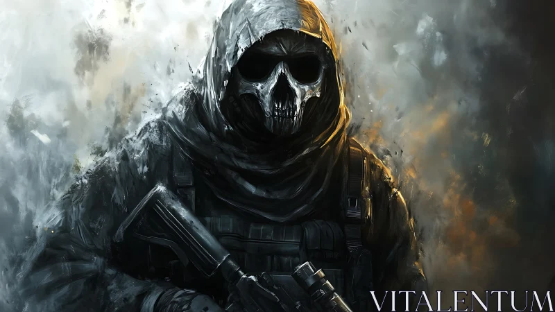 Hooded skull-masked warrior emerging from swirling smoke.
