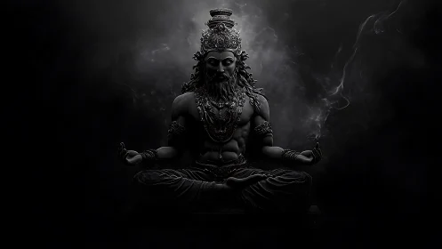 Powerful meditative deity in a dark, mysterious calm.