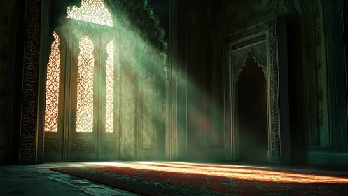 Sunlit Islamic hall with ornate arches and scarlet carpet.
