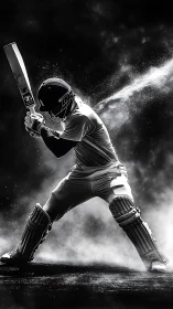 Dramatic monochrome cricket batsman striking in dust storm.