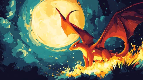 Fiery dragon silhouette dominates lunar backlit fantasy night