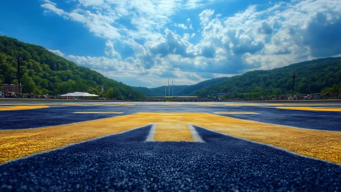 Low-angle artificial turf football field amid green hills