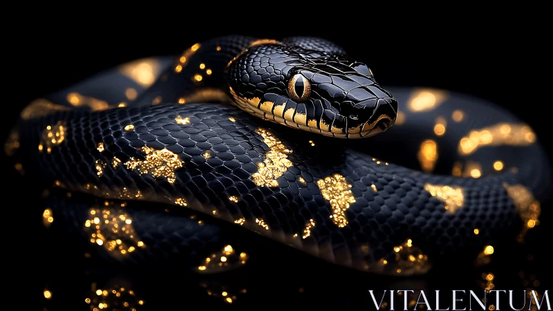 Luminous obsidian serpent with particulate gold bioluminescence.