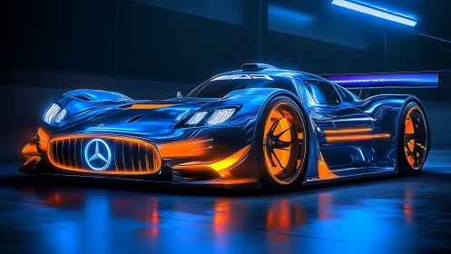 Futuristic Mercedes supercar with neon blue orange glow.