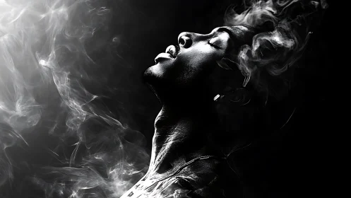 Monochrome portrait of person in rising smoke and light.