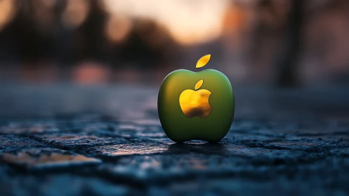 Metallic apple logo glows on wet pavement at sunset