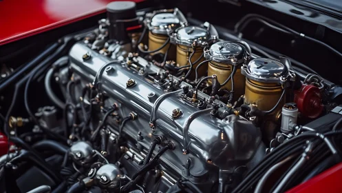 Classic sports car engine with polished inline configuration.