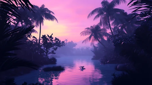 Tropical waterway at dusk with palm silhouettes under magenta sky