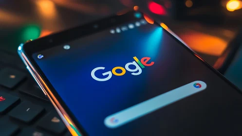 Google Search Interface Rendered on Smartphone Display with Chromatic Aberration