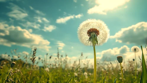 Dandelion seed head stands in sharp focus against bright sky