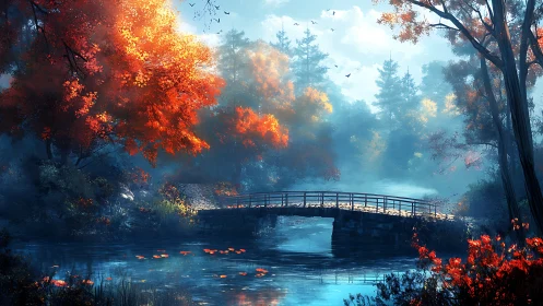 Autumn river bridge under volumetric fog and high color contrast lighting