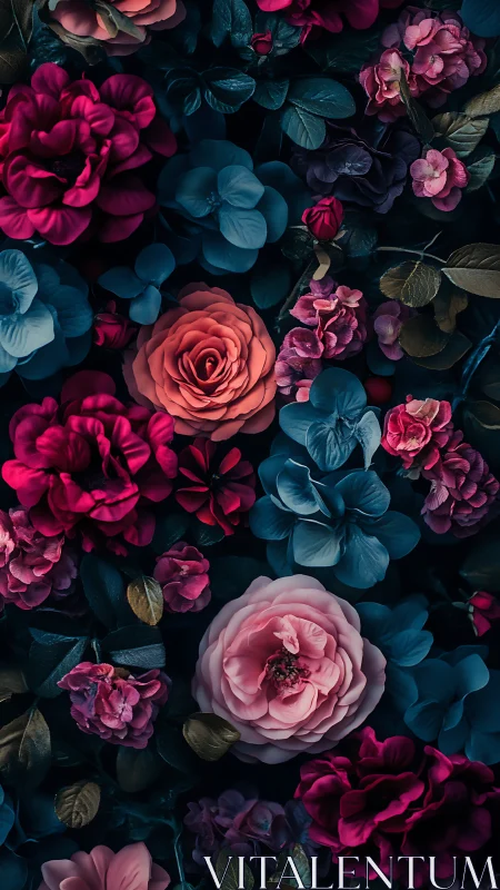 Botanical Chromatic Study: Stratified Floral Arrangement with Magenta-Teal Contrast.