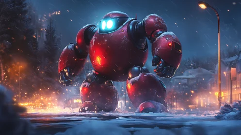 Red combat mech patrols snowy neon-lit winter street.