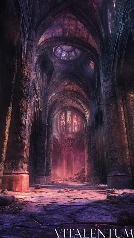 Decayed gothic nave with volumetric light and spectral color grading