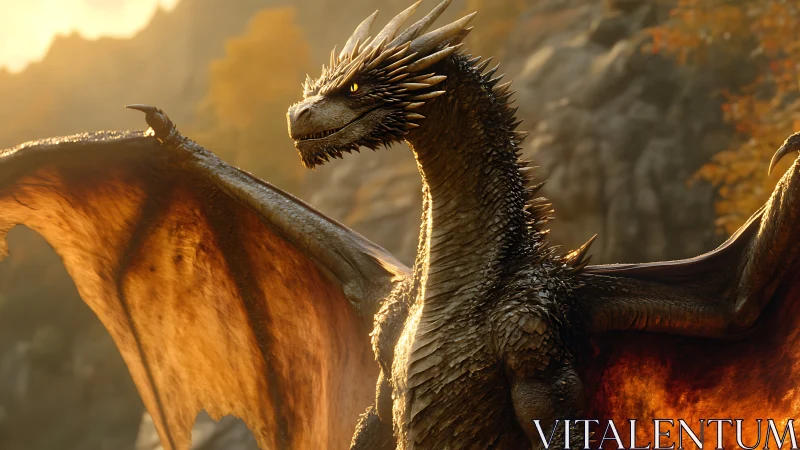 Majestic amber dragon basks in warm autumn mountain light.
