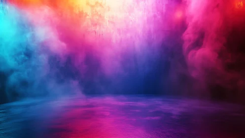 Radiant neon mist drifts above reflective liquid floor.