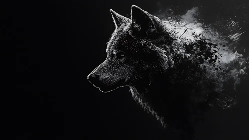 Wolf profile dissolves into abstract monochrome particles