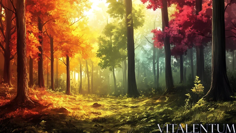 Forest landscape with seasonal foliage transitions and atmospheric light.