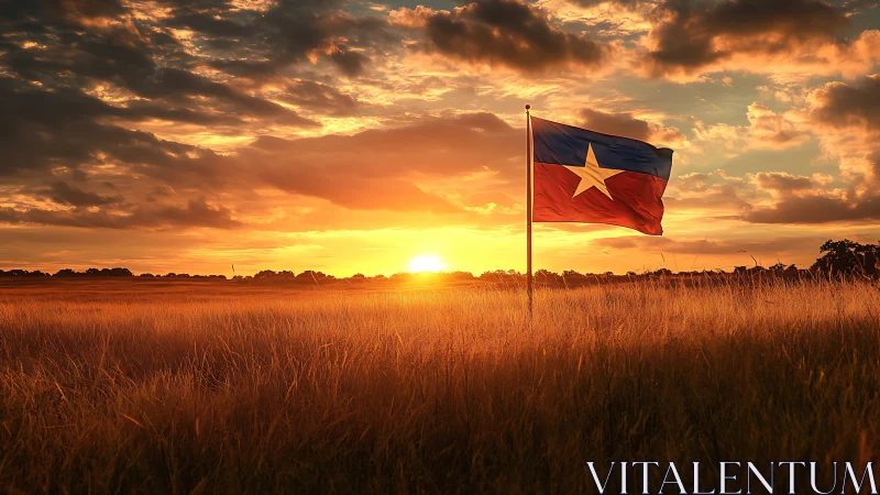 Sunstruck lone star flag blazing over golden prairie dusk.