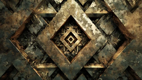 Rust-scarred golden rhombuses echo into a metallic labyrinth
