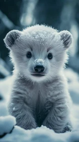 Photorealistic snow-dusted polar cub in soft winter portrait.