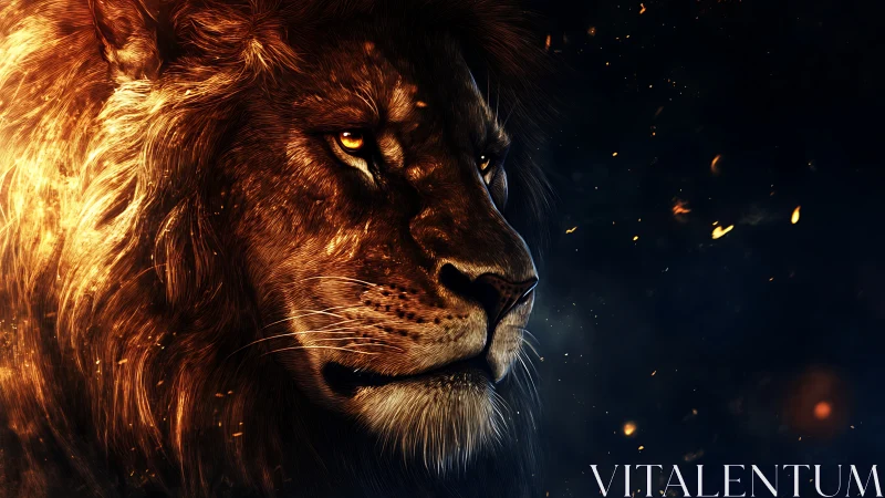 Fiery side profile of lion against dark embered void.