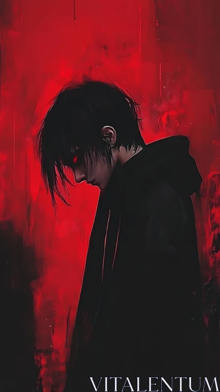 Dark hooded figure in profile against harsh red background.