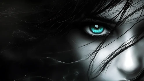 Stormlit turquoise gaze in a shadowy dreamscape portrait.