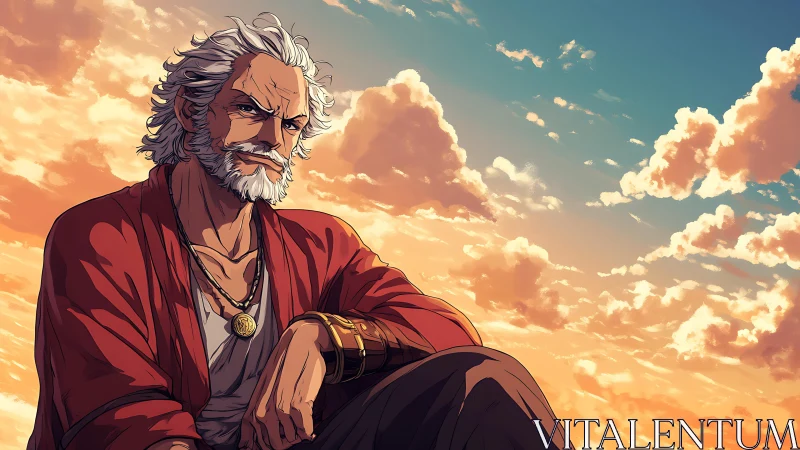 Elder wanderer gazes over a blazing anime sunset sky