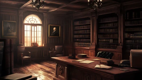 Sunlit mahogany law library with stately desk and portraits.