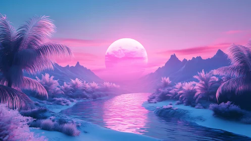 Neon tropical river under bioluminescent sunset sphere.
