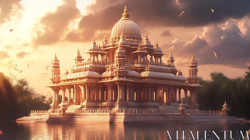 Golden riverside temple glows serenely under a dramatic sky