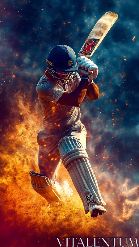 Cricketer swings bat through explosive fiery stadium haze