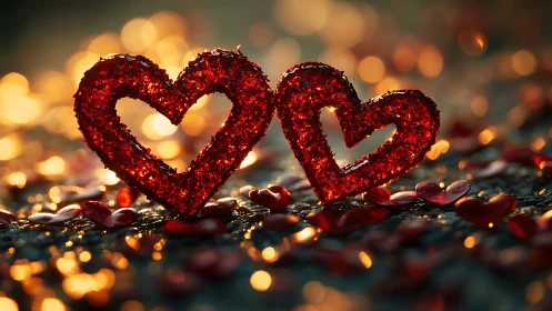 Dual Red Glitter Hearts with Warm Bokeh Luminescence.