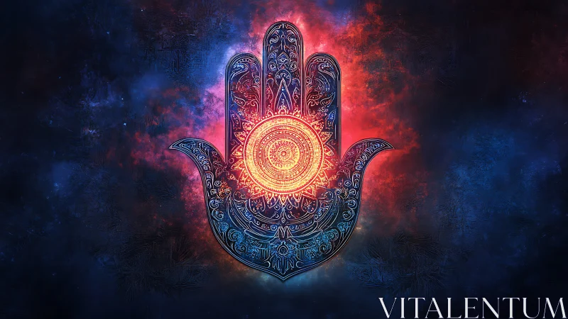 Radiant cosmic Hamsa hand glows with intricate mandala.