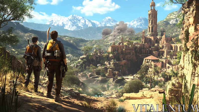 Two armed explorers overlook ruined mountain fortress city