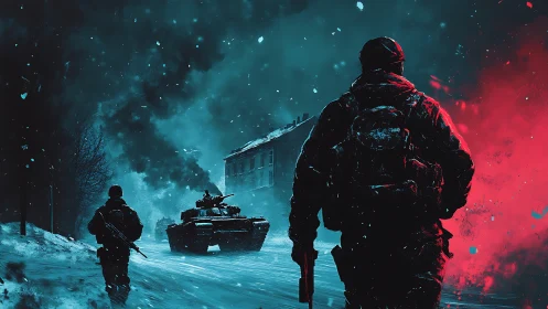 Armored column and infantry in snowy urban night combat zone