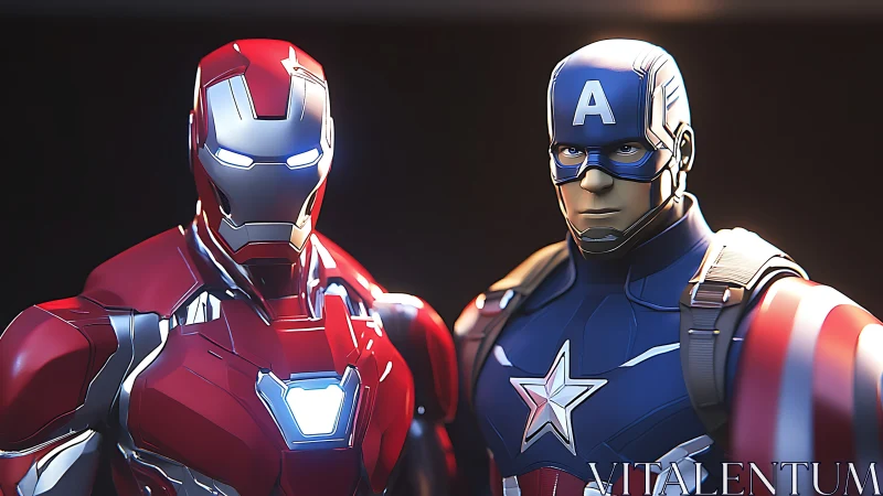 Stylized 3D render depicts two armored heroic figures in tandem