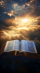 Open illuminated Bible floats beneath radiant celestial sunrise