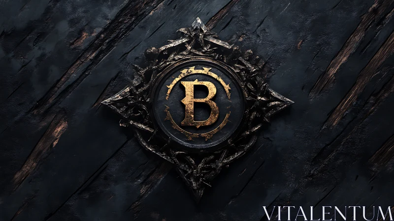 Gilded monogram emblem on dark distressed wooden panel.