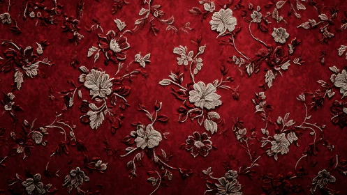 Crimson brocade garden where silver blossoms quietly gleam.