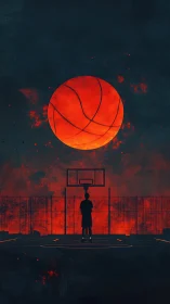 Silhouetted player under blazing cosmic basketball moon.