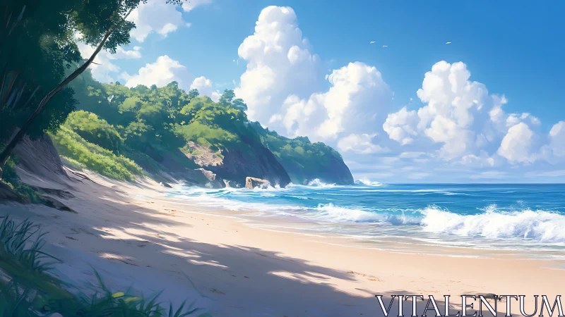 Serene Tropical Beach with Lush Cliffs and Turquoise Waves